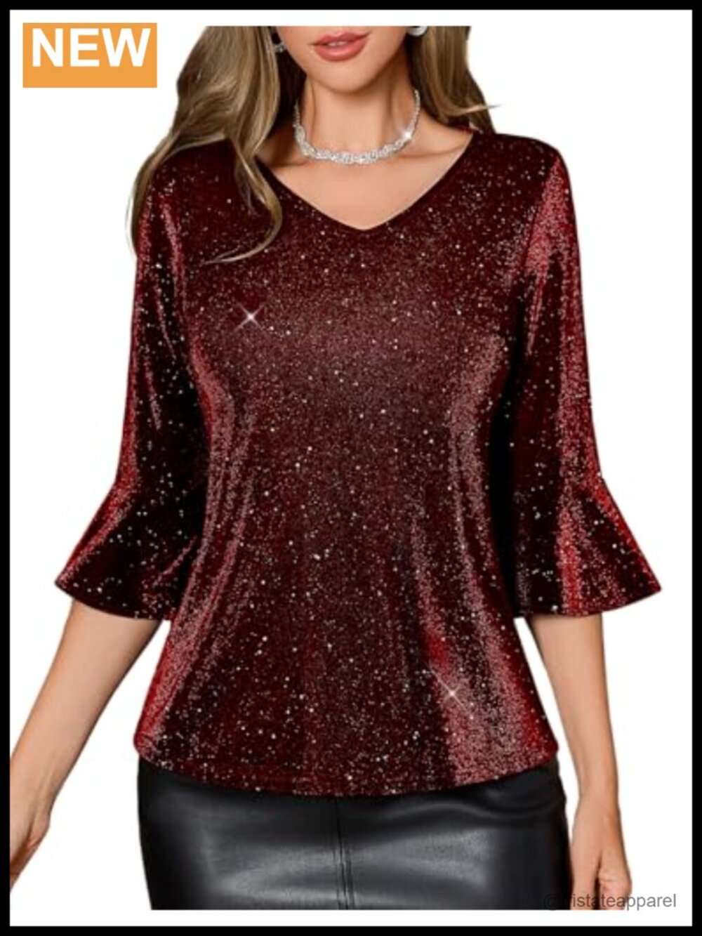 Women's V-Neck Sparkly Blouse 3/4 Bell Sleeve Dressy Casual Shimmer Top